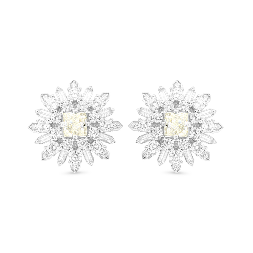 Sterling Silver 925 Earring Rhodium Plated Embedded With Yellow Zircon And White CZ