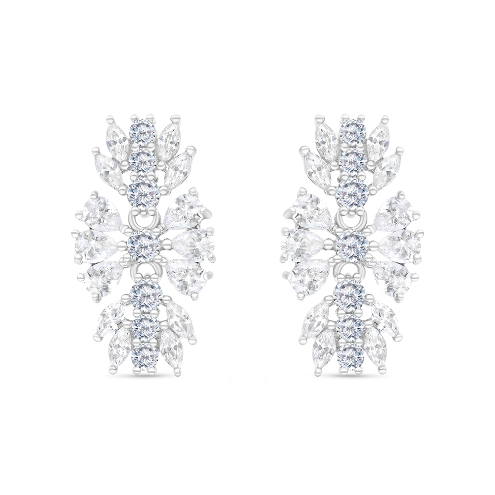 Sterling Silver 925 Earring Rhodium Plated Embedded With White CZ