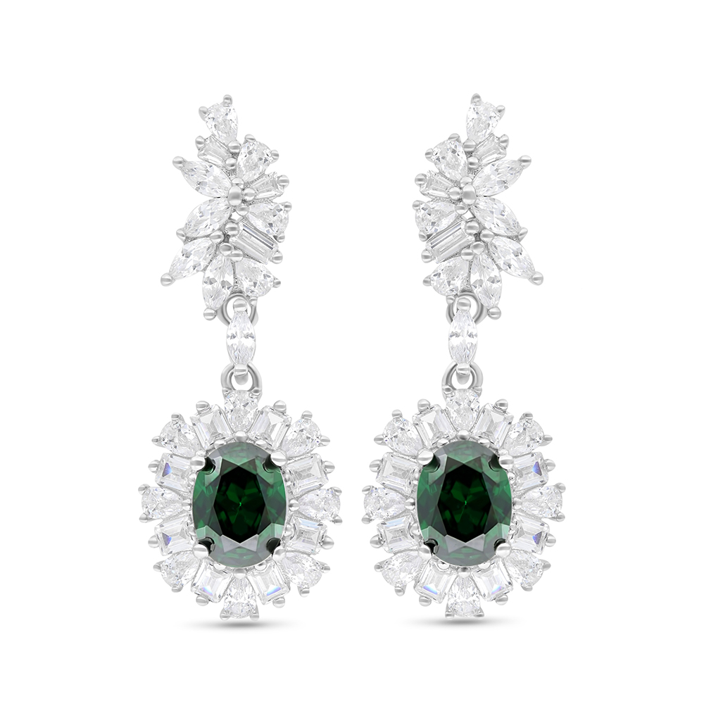 Sterling Silver 925 Earring Rhodium Plated Embedded With Emerald Zircon And White CZ