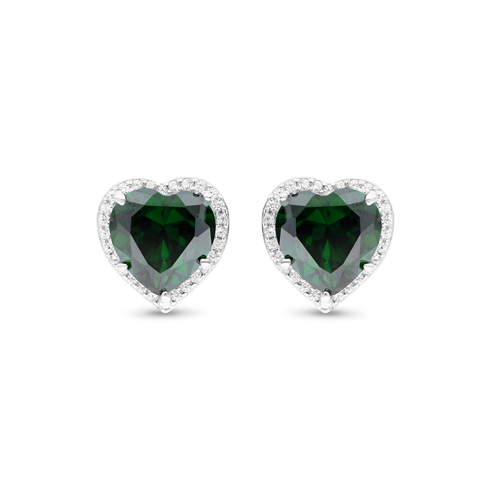 Sterling Silver 925 Earring Rhodium Plated Embedded With Emerald Zircon And White CZ