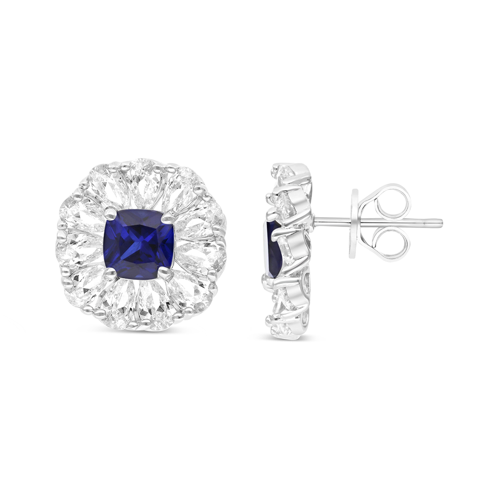 Sterling Silver 925 Earring Rhodium Plated Embedded With Sapphire Corundum And White CZ