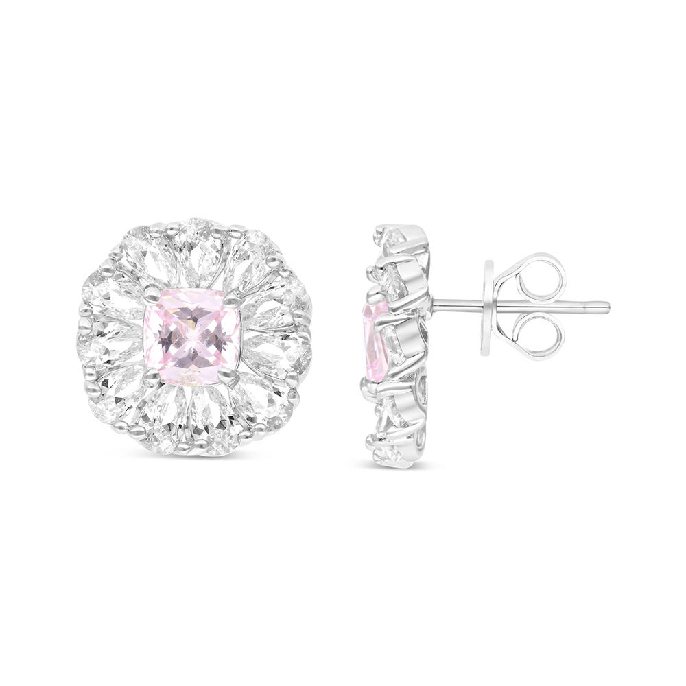 Sterling Silver 925 Earring Rhodium Plated Embedded With Pink Zircon And White CZ