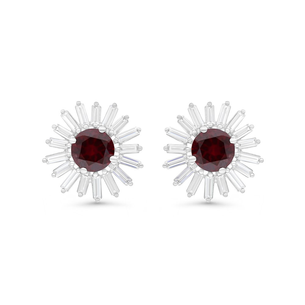 Sterling Silver 925 Earring Rhodium Plated Embedded With Ruby Corundum And White CZ