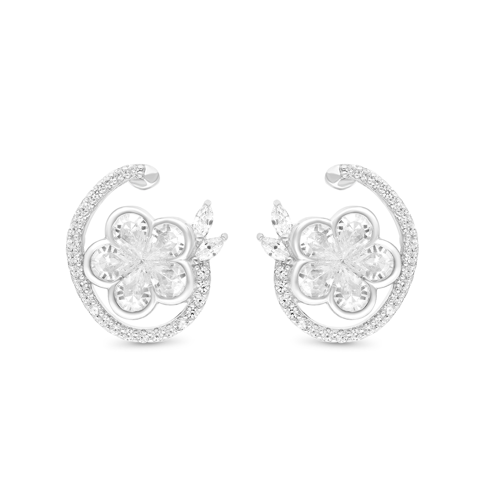 Sterling Silver 925 Earring Rhodium Plated Embedded With White CZ