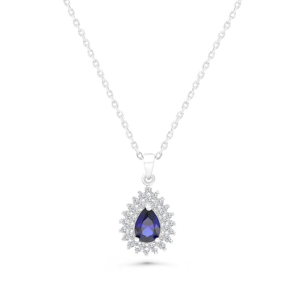 Sterling Silver 925 Necklace Rhodium Plated Embedded With Sapphire Corundum And White CZ