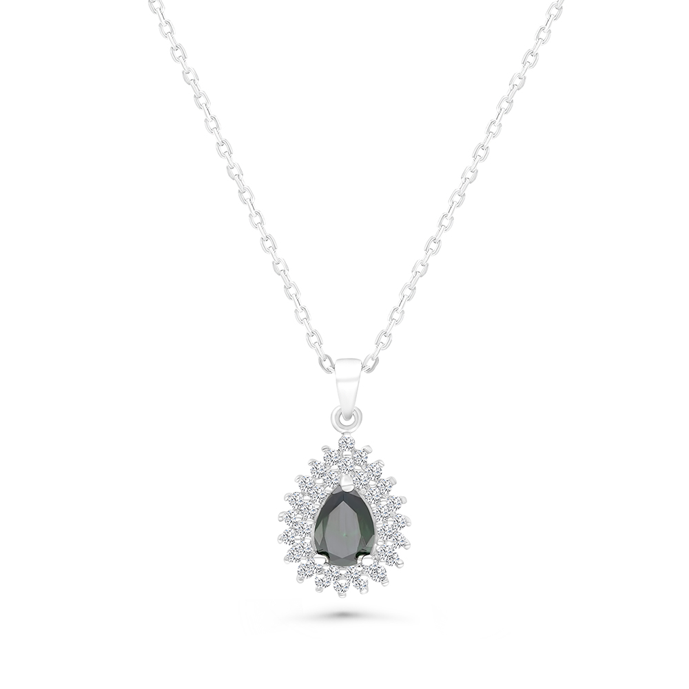 Sterling Silver 925 Necklace Rhodium Plated Embedded With Emerald Zircon And White CZ