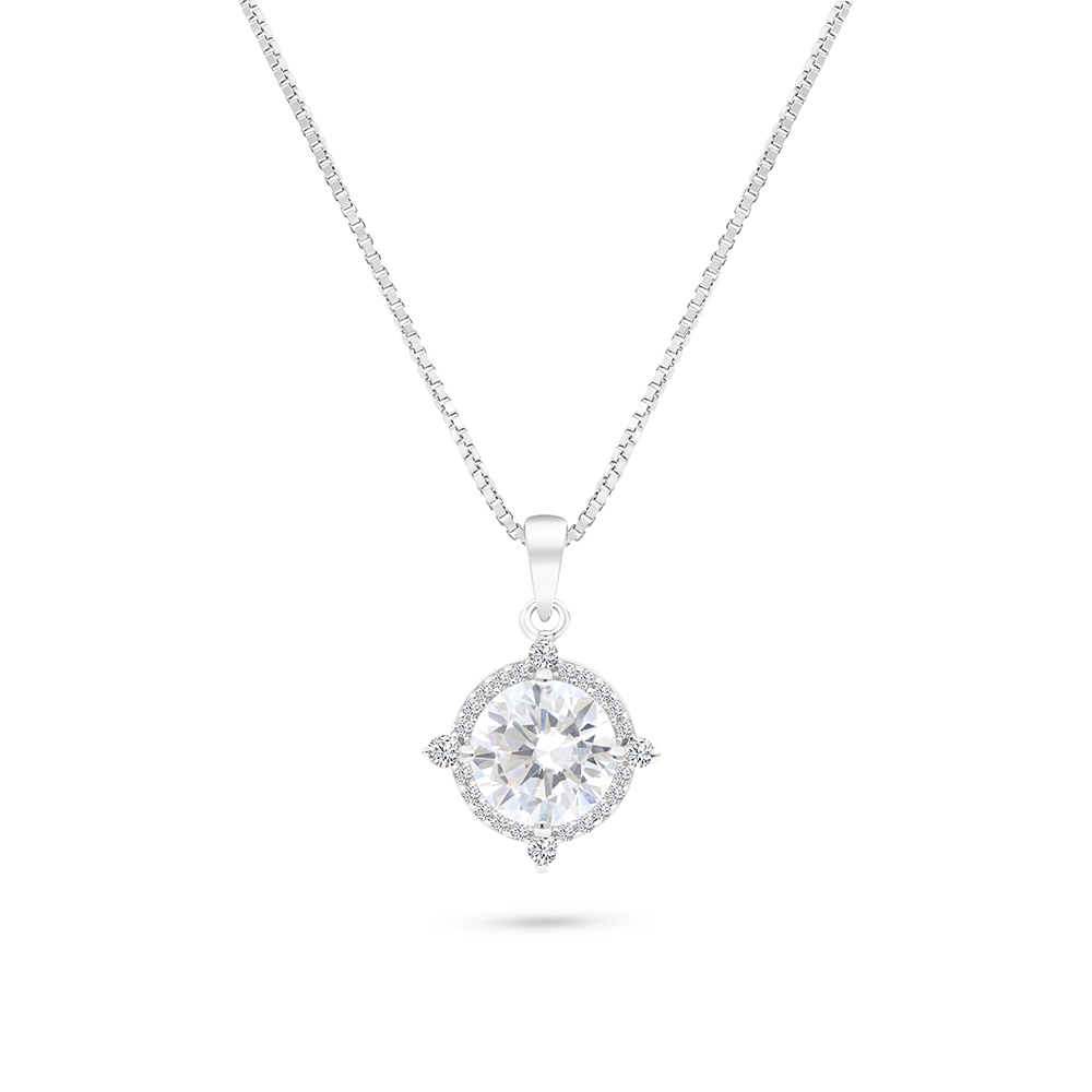 Sterling Silver 925 Necklace Rhodium Plated Embedded With White CZ