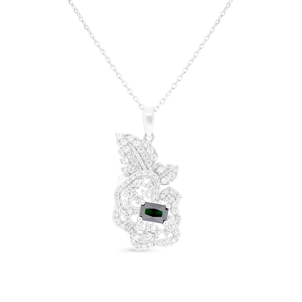 Sterling Silver 925 Necklace Rhodium Plated Embedded With Emerald Zircon And White CZ