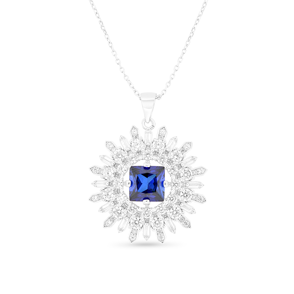 Sterling Silver 925 Necklace Rhodium Plated Embedded With Sapphire Corundum And White CZ