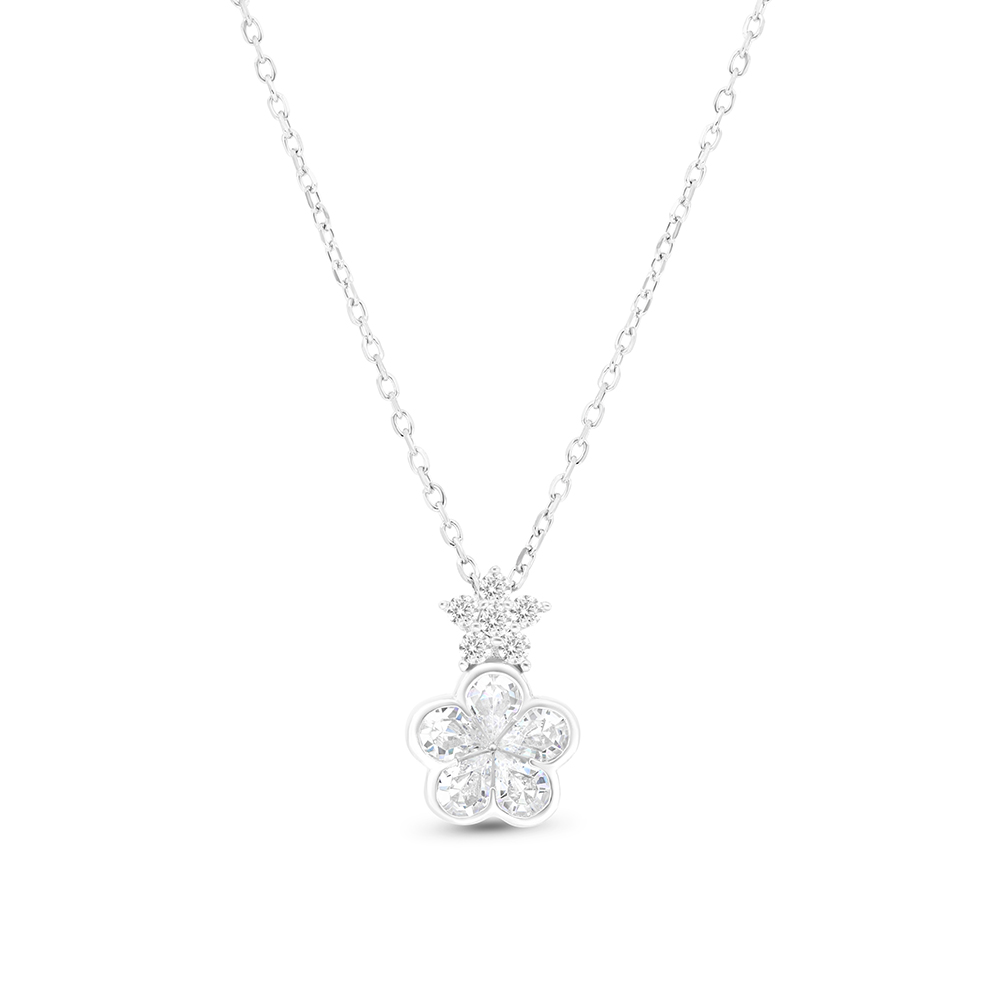 Sterling Silver 925 Necklace Rhodium Plated Embedded With White CZ