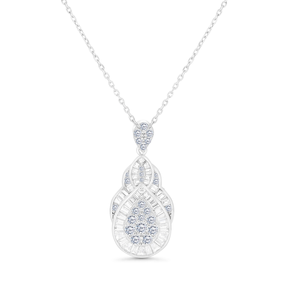 Sterling Silver 925 Necklace Rhodium Plated Embedded With White CZ