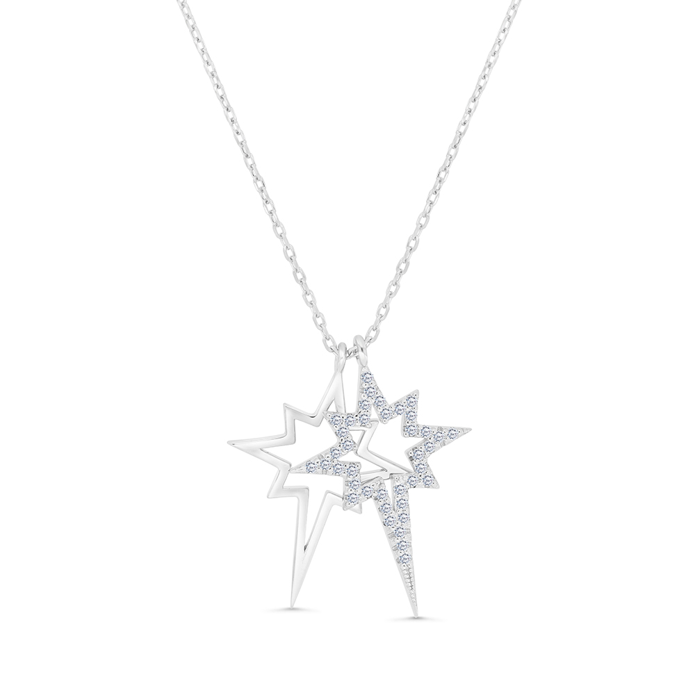 Sterling Silver 925 Necklace Rhodium Plated Embedded With White CZ