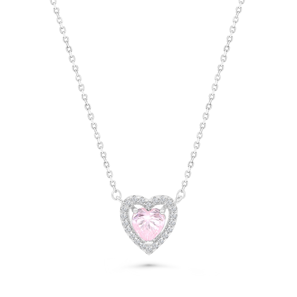 Sterling Silver 925 Necklace Rhodium Plated Embedded With pink Zircon And White CZ