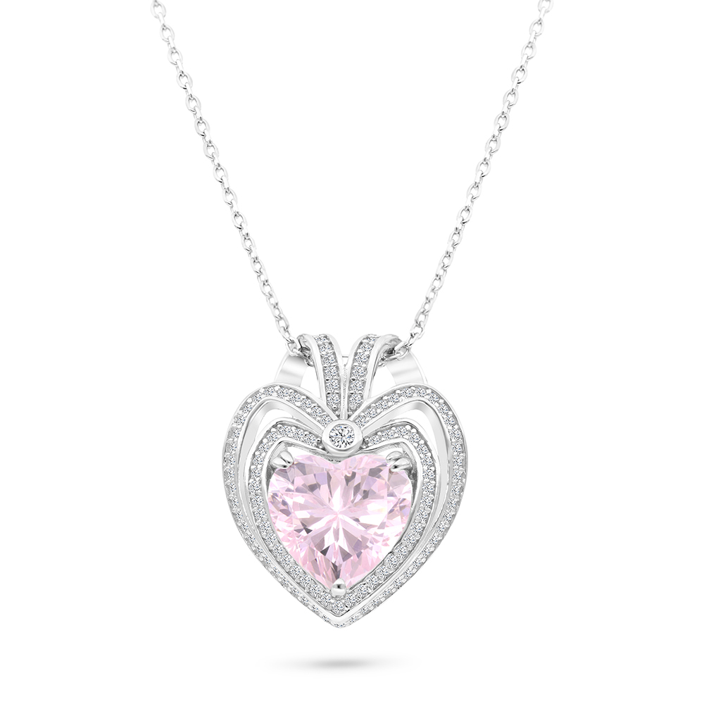 Sterling Silver 925 Necklace Rhodium Plated Embedded With pink Zircon And White CZ