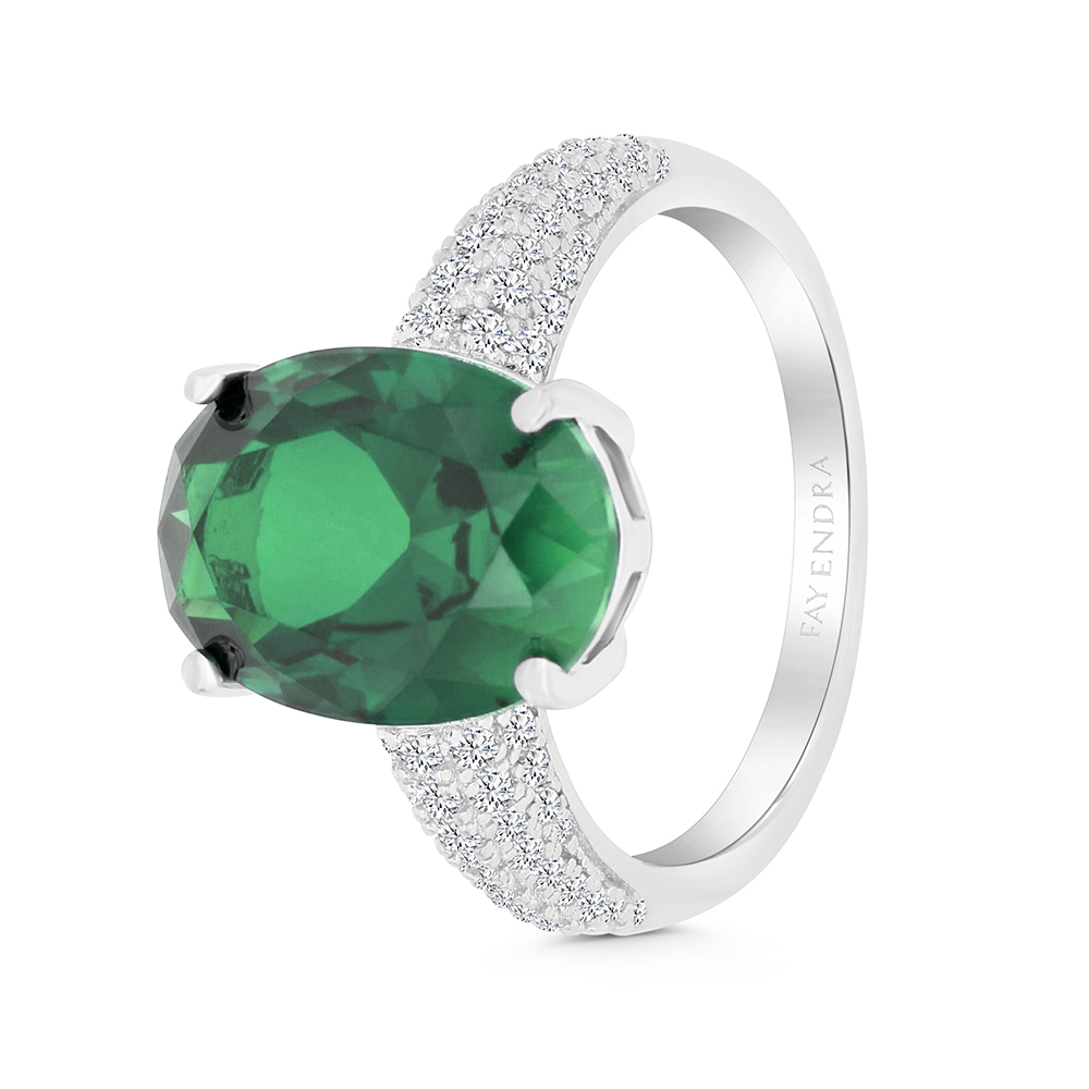 Sterling Silver 925 Ring Rhodium Plated Embedded With Emerald Zircon And White CZ