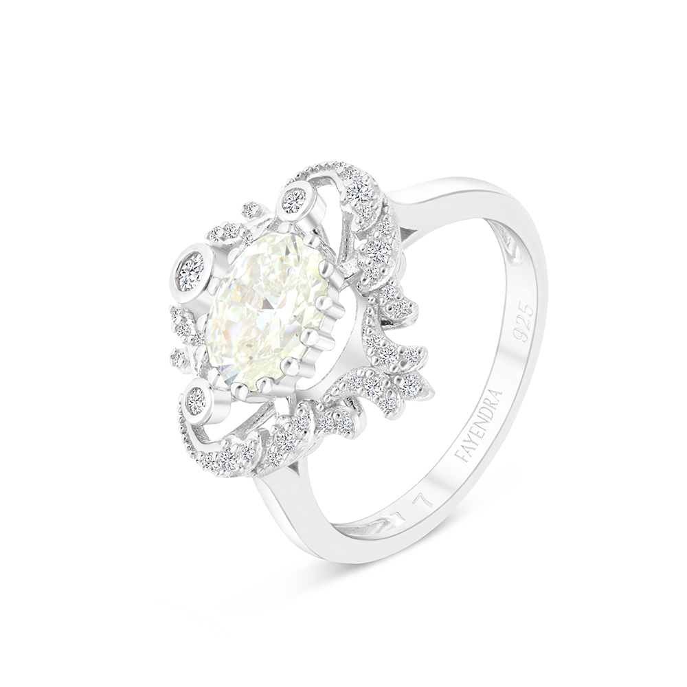 Sterling Silver 925 Ring Rhodium Plated Embedded With Yellow Zircon And White CZ