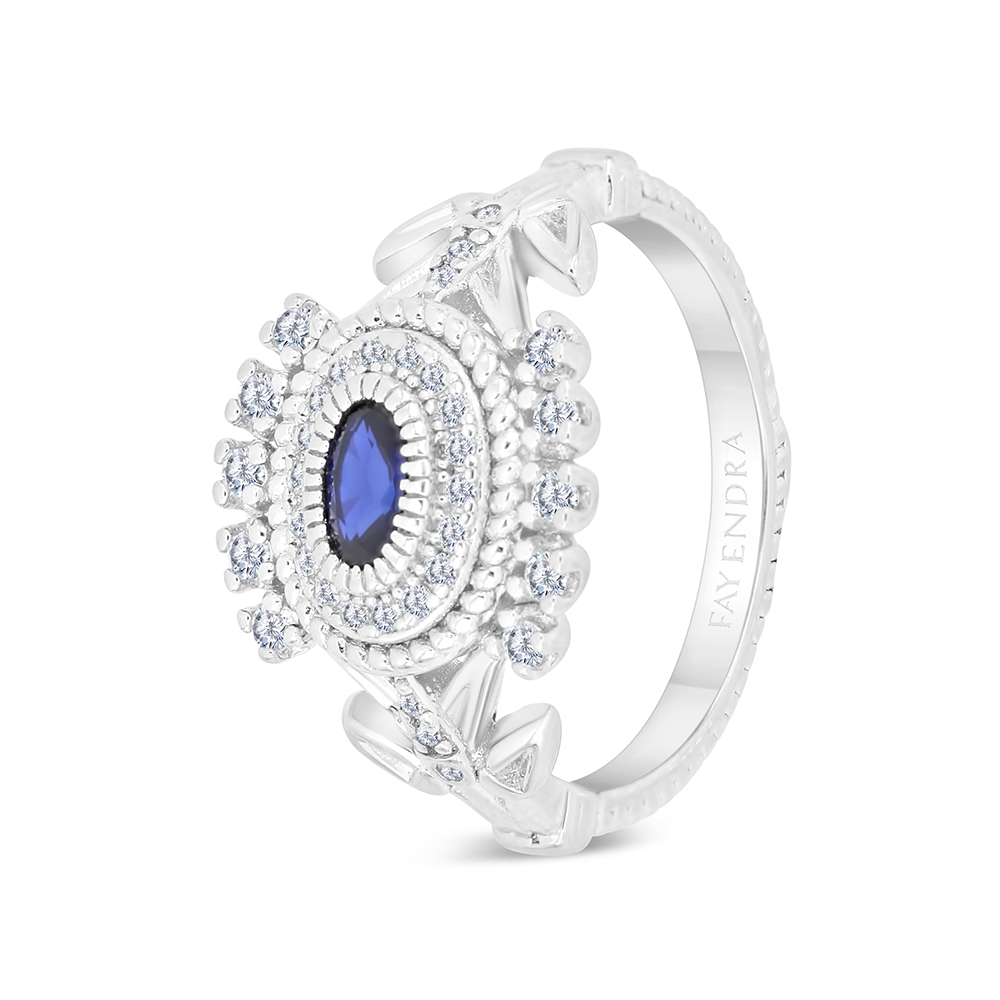 Sterling Silver 925 Ring Rhodium Plated Embedded With Sapphire Corundum And White CZ