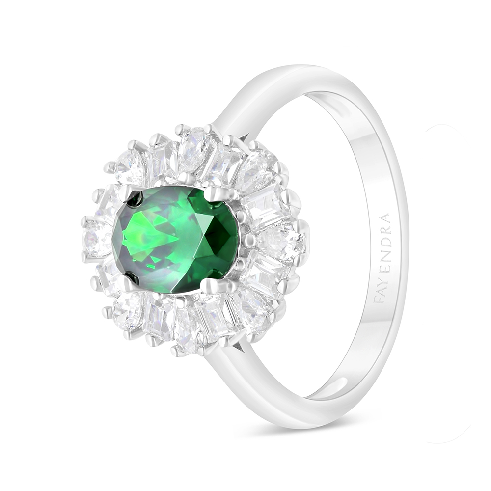 Sterling Silver 925 Ring Rhodium Plated Embedded With Emerald Zircon And White CZ