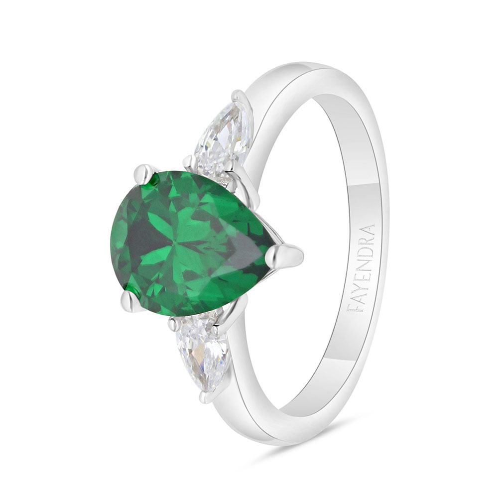 Sterling Silver 925 Ring Rhodium Plated Embedded With Emerald Zircon And White CZ