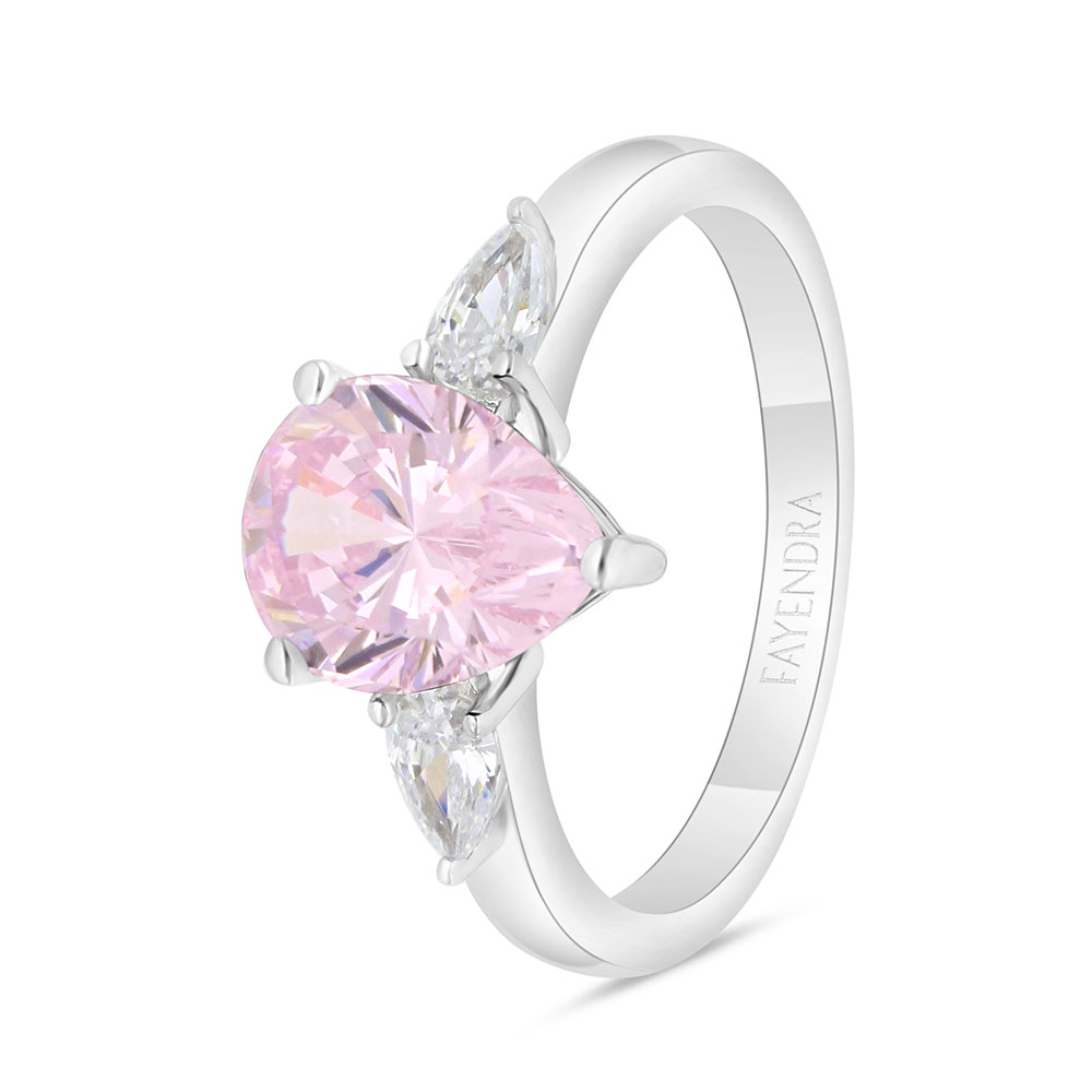 Sterling Silver 925 Ring Rhodium Plated Embedded With Pink Zircon And White CZ