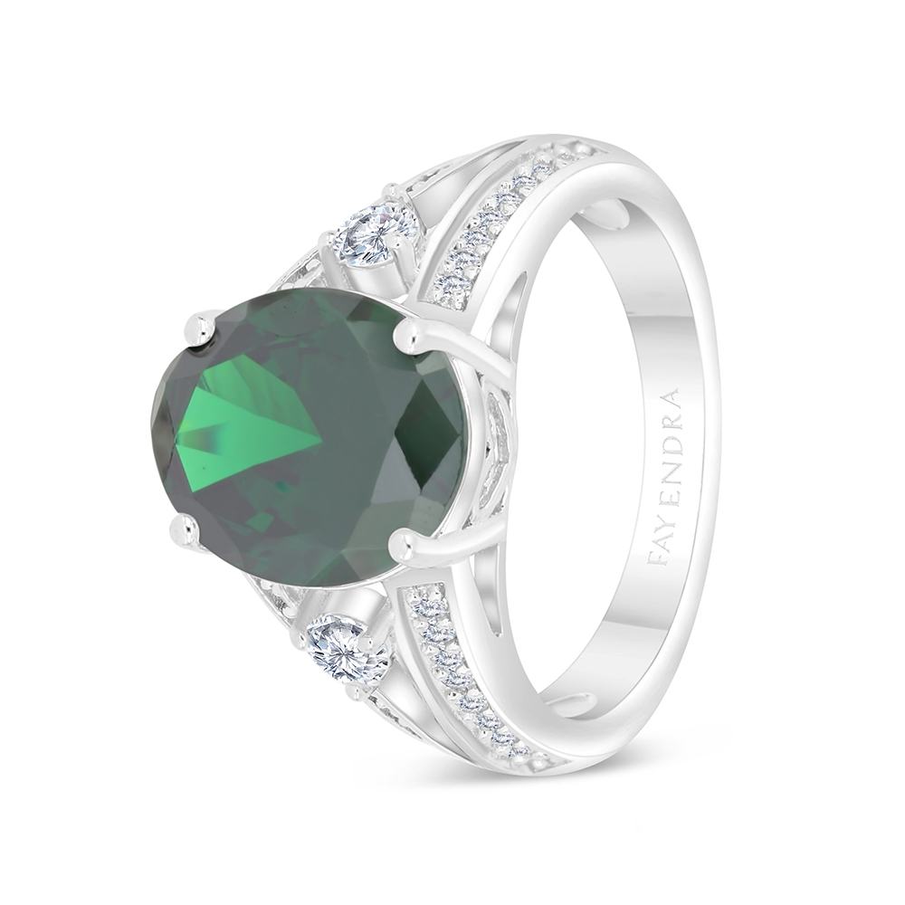 Sterling Silver 925 Ring Rhodium Plated Embedded With Emerald Zircon And White CZ