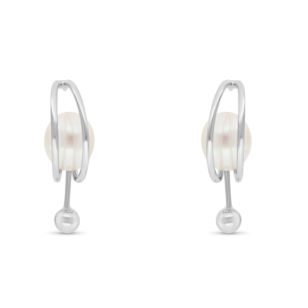 Sterling Silver 925 Earring Rhodium Plated Embedded With Natural White Pearl