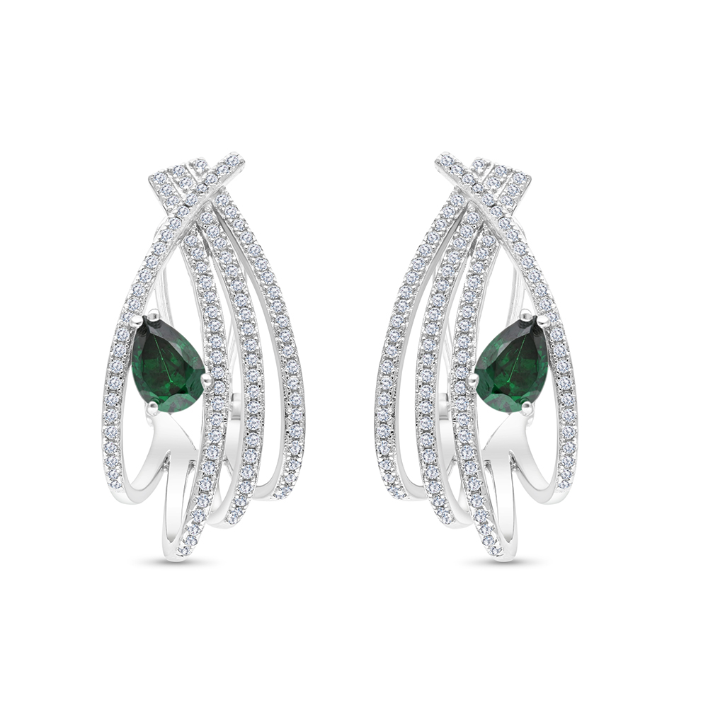 Sterling Silver 925 Earring Rhodium Plated Embedded With Emerald Zircon And White CZ