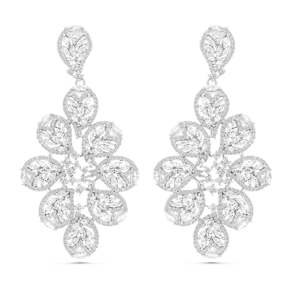 Sterling Silver 925 Earring Rhodium Plated Embedded With White CZ