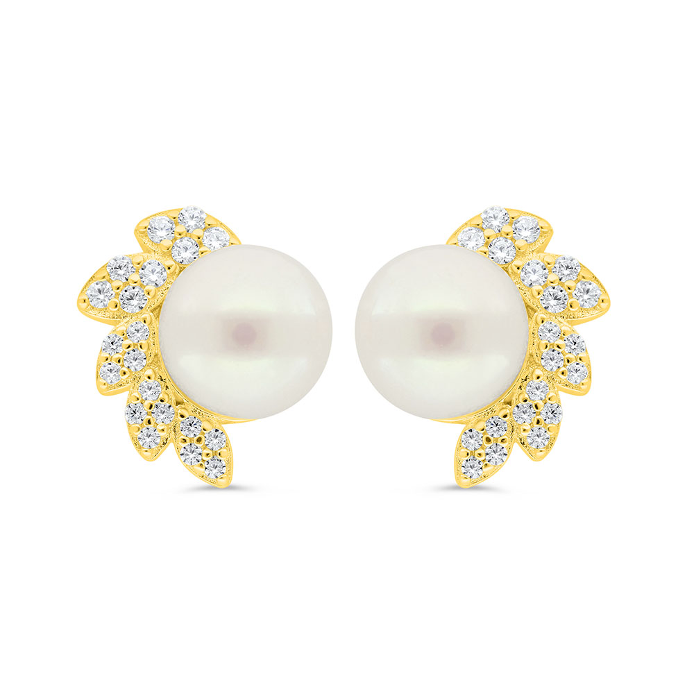 Sterling Silver 925 Earring Golden Plated Embedded With White Shell Pearl And White Zircon