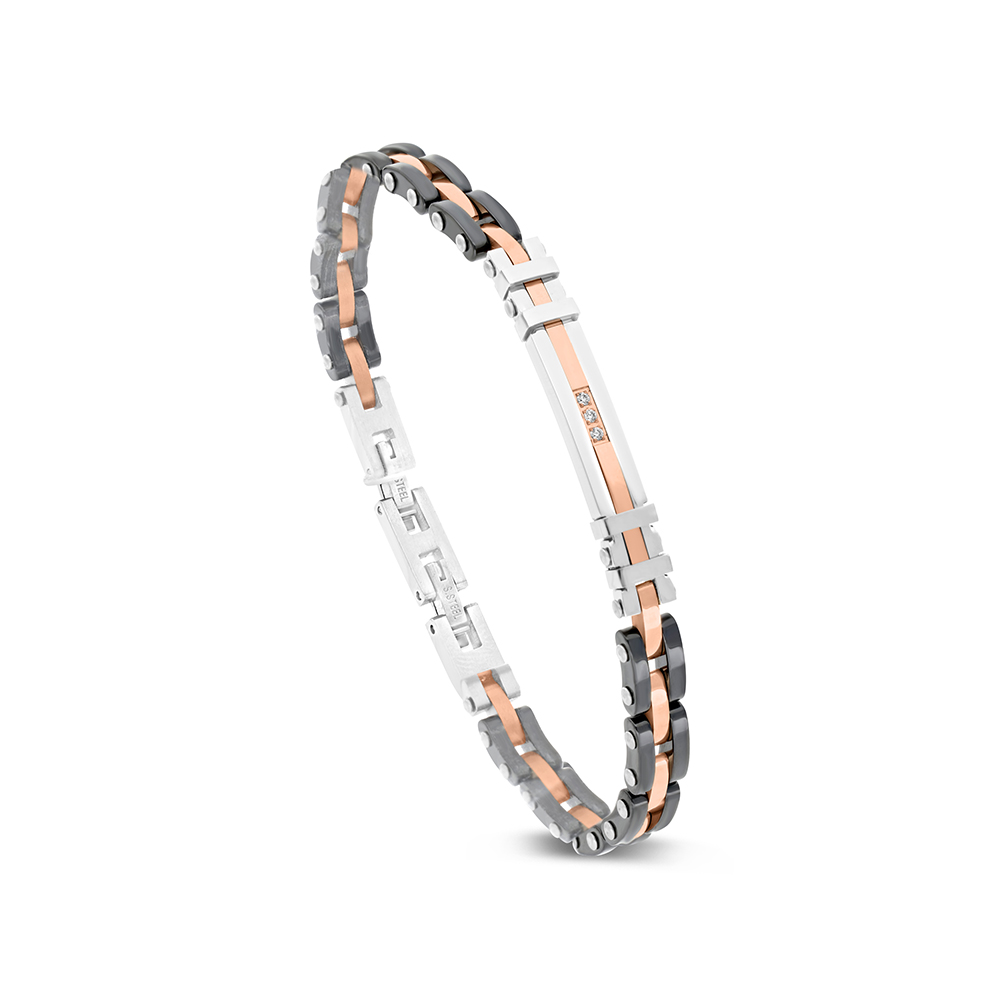 Stainless Steel 316L Bracelet, Rhodium And Black And  Rose Gold Plated And Ceramic For Men Embedded With White CZ