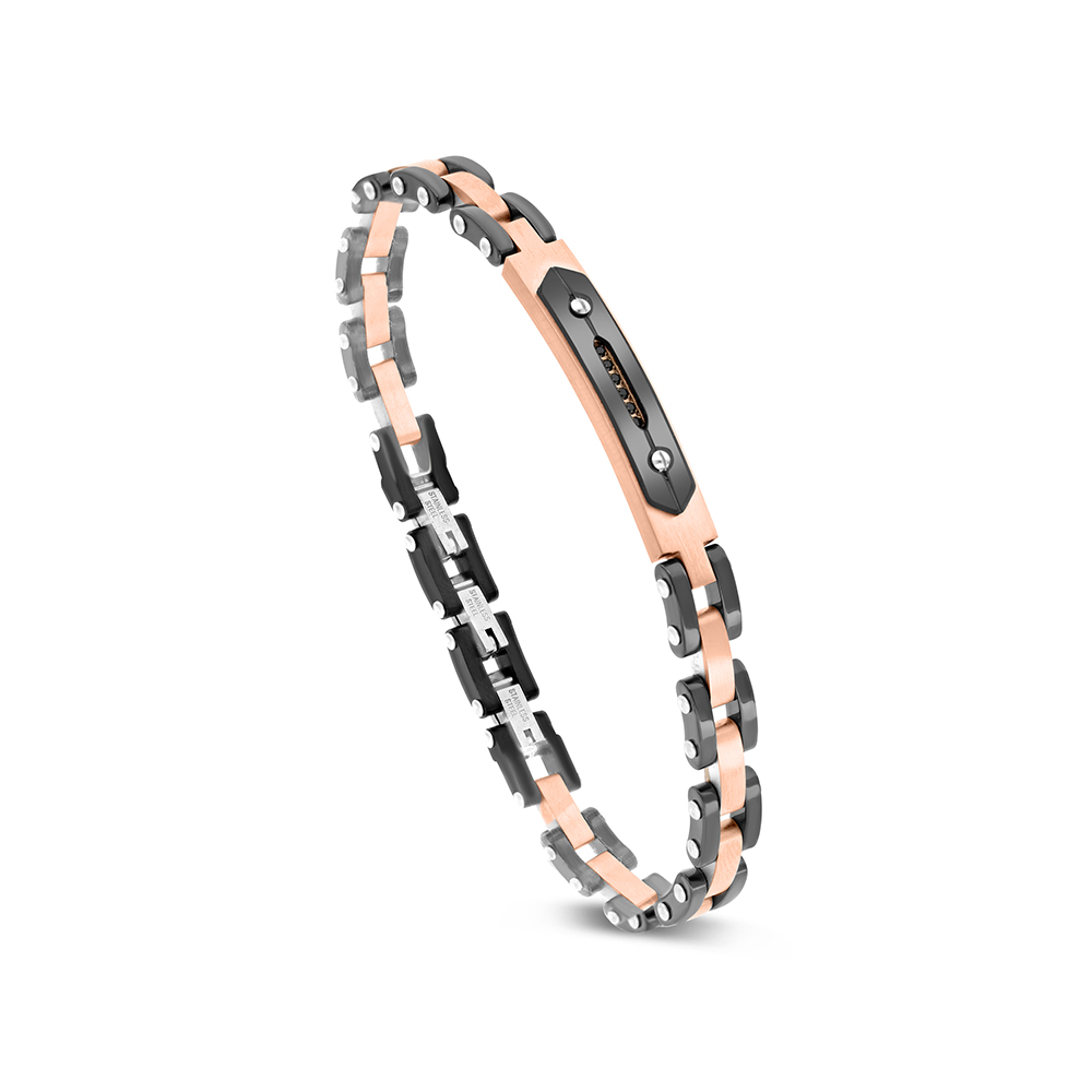 Stainless Steel Bracelet, Black And Rose Gold Plated And Ceramic For Men Embedded With Black CZ 316L