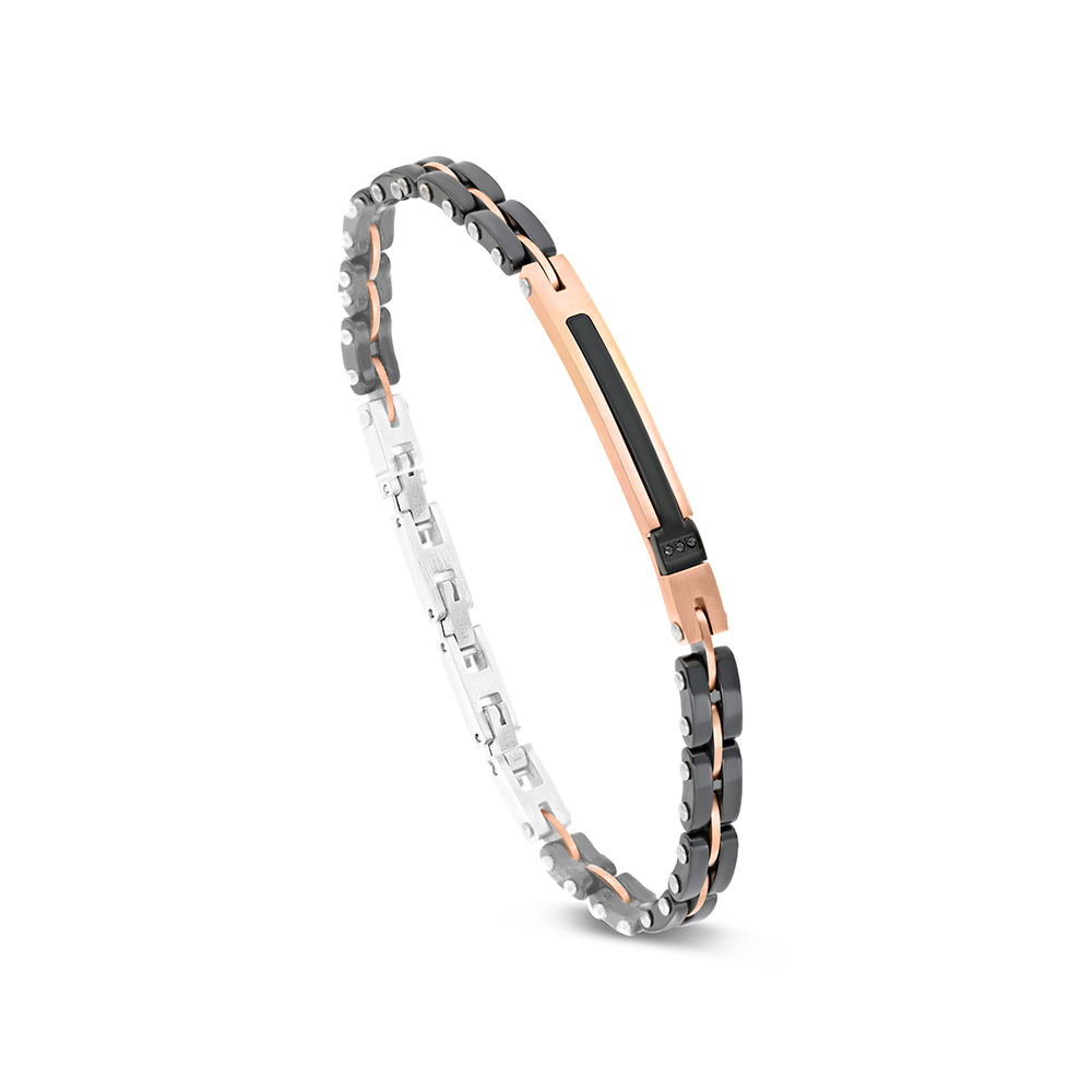 Stainless Steel 316L Bracelet, Rhodium And Black And  Rose Gold Plated And Ceramic For Men's Embedded With Black CZ