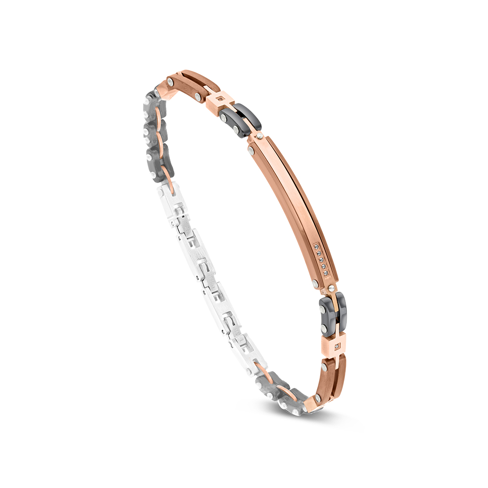 Stainless Steel Bracelet, Rhodium And Black And Rose Gold Plated And Ceramic For Men Embedded With Black CZ 316L