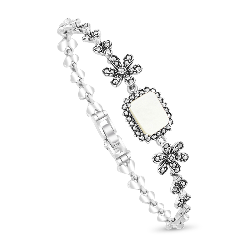 Sterling Silver 925 Bracelet Embedded With Natural White Shell And Marcasite Stones