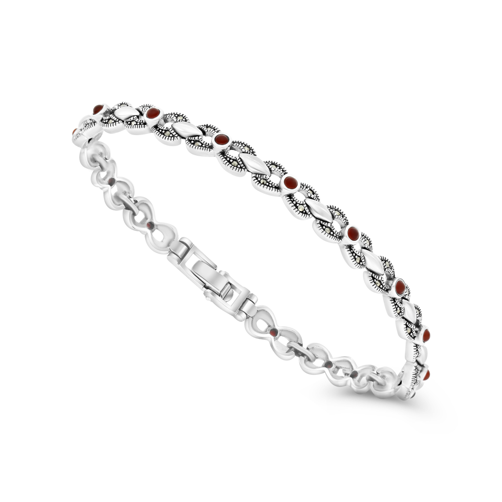 Sterling Silver 925 Bracelet Embedded With Natural Aqiq And Marcasite Stones