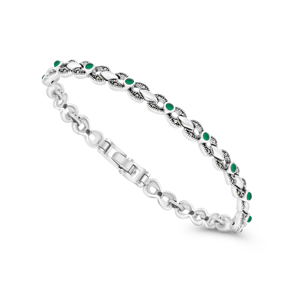 Sterling Silver 925 Bracelet Embedded With Natural Green Agate And Marcasite Stones