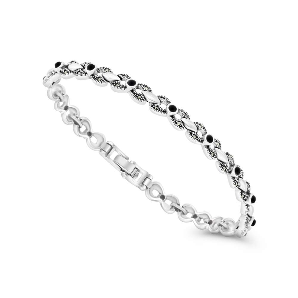Sterling Silver 925 Bracelet Embedded With Natural Onxy And Marcasite Stones