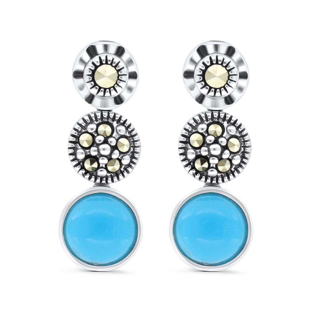 Sterling Silver 925 Earring Embedded With Natural Processed Turquoise And Marcasite Stones