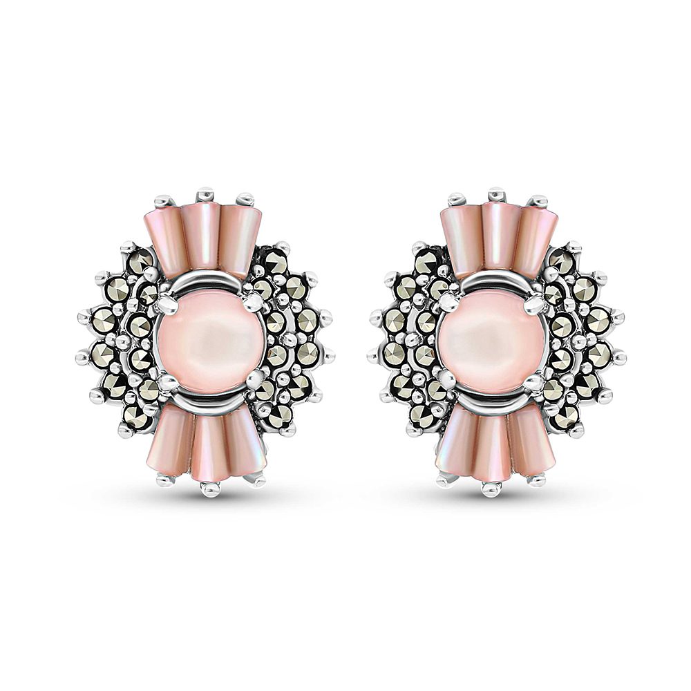Sterling Silver 925 Earring Embedded With Natural Pink Shell And Marcasite Stones