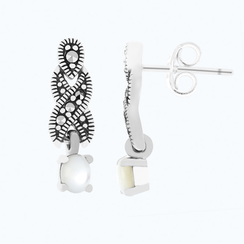 Sterling Silver 925 Earring Embedded With Natural White Shell And Marcasite Stones