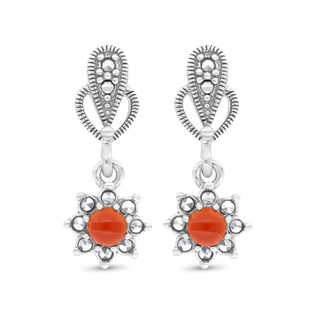 Sterling Silver 925 Earring Embedded With Natural Aqiq And Marcasite Stones