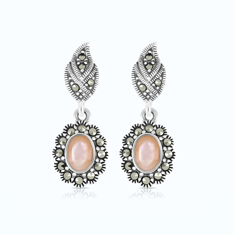 Sterling Silver 925 Earring Embedded With Natural Pink Shell And Marcasite Stones