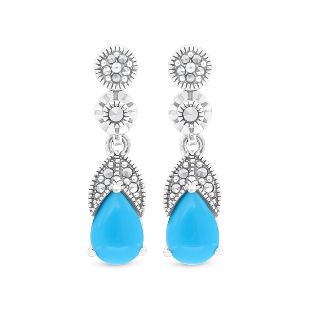 Sterling Silver 925 Earring Embedded With Natural Processed Turquoise And Marcasite Stones