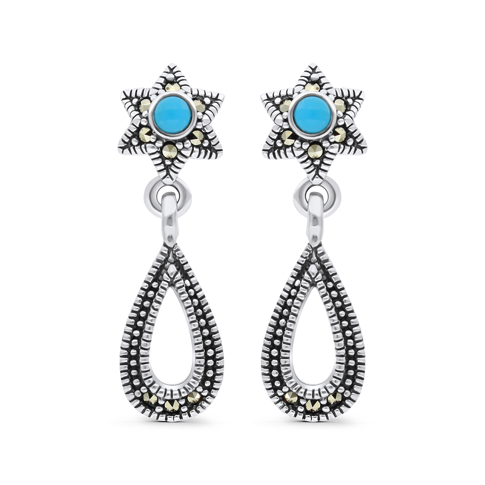Sterling Silver 925 Earring Embedded With Natural Processed Turquoise And Marcasite Stones