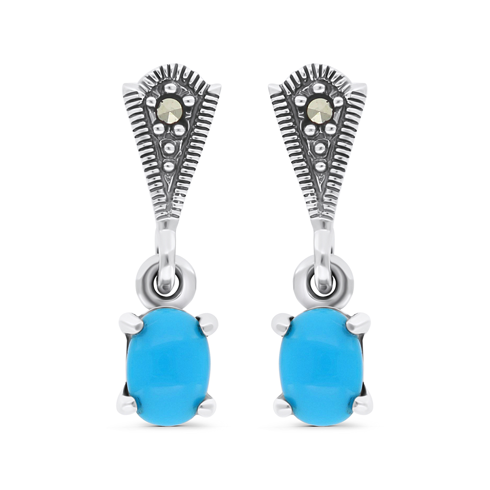 Sterling Silver 925 Earring Embedded With Natural Processed Turquoise And Marcasite Stones