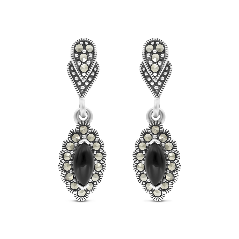 Sterling Silver 925 Earring Embedded With Natural Black Agate And Marcasite Stones