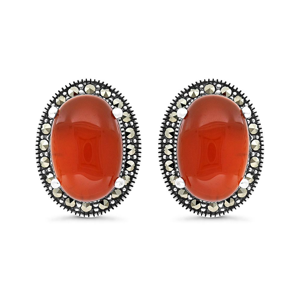 Sterling Silver 925 Earring Embedded With Natural Aqiq And Marcasite Stones