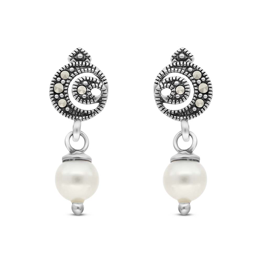 Sterling Silver 925 Earring Embedded With White Shell Pearl And Marcasite Stones