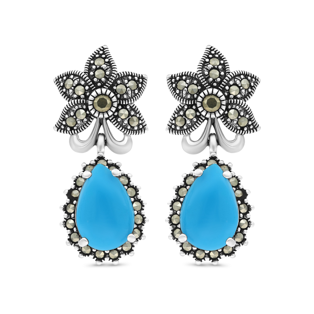Sterling Silver 925 Earring Embedded With Natural Processed Turquoise And Marcasite Stones