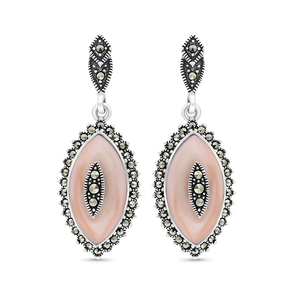 Sterling Silver 925 Earring Embedded With Natural Pink Shell And Marcasite Stones